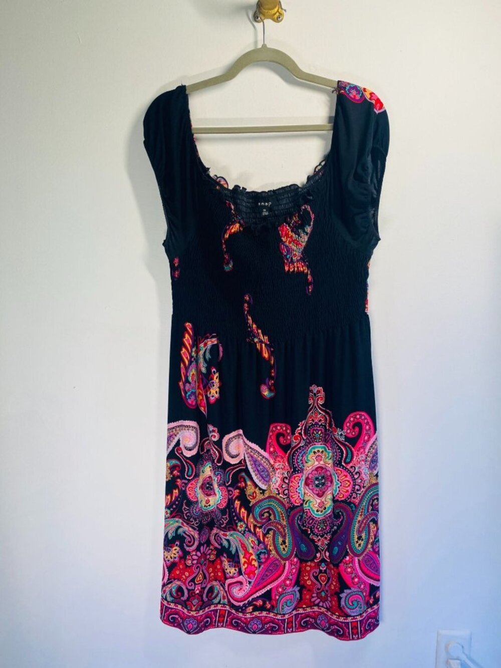Snap Black Paisley Print Boho Dress 2X Short Sleeve Stretchy Polyester Spandex